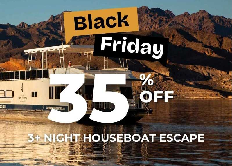 35% off Black Friday announcement with a houseboat in the water
